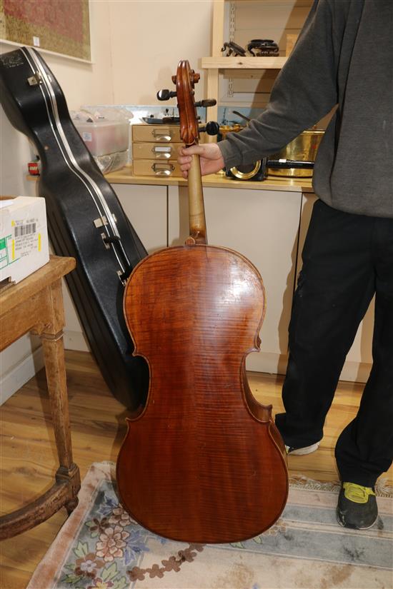 A cased cello and unsigned bow L.123cm